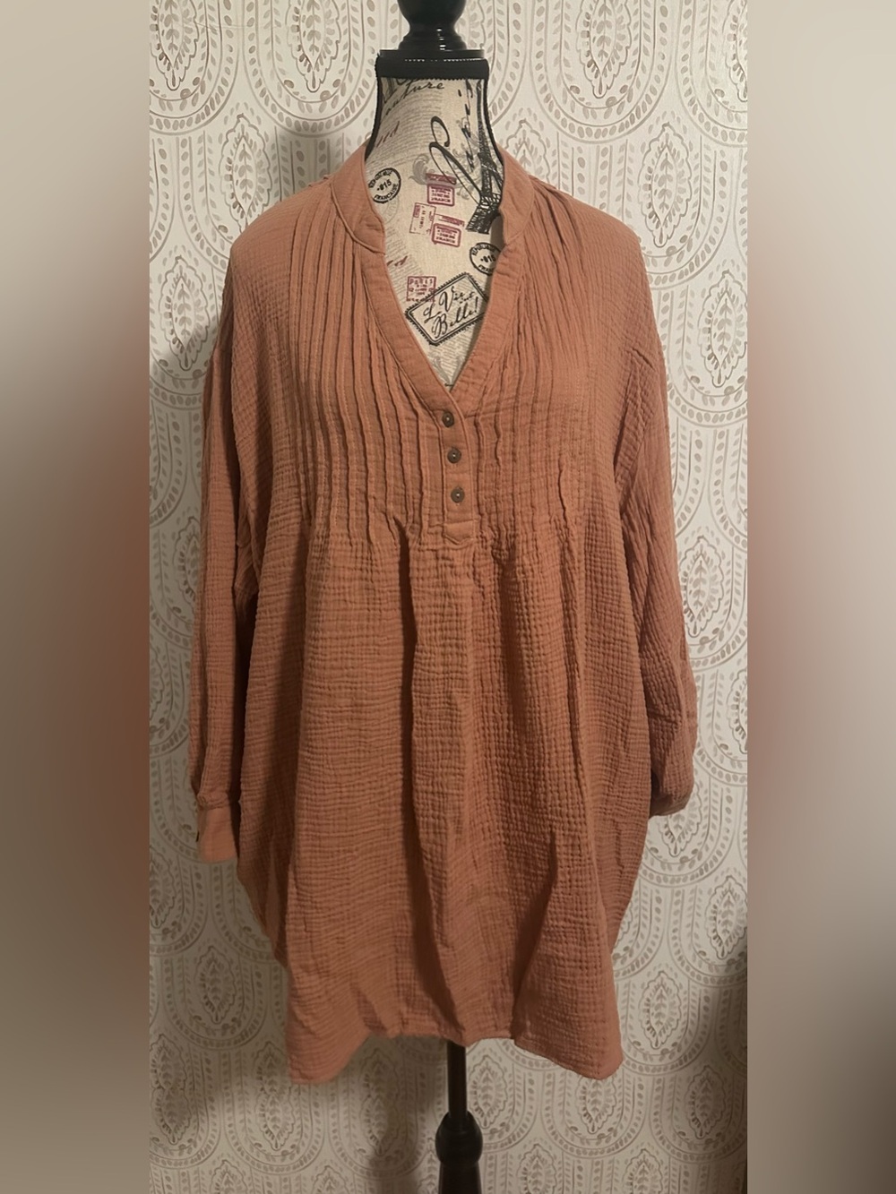 Women's Waffle Stitch Henley Tunic Top or dress  - Rust